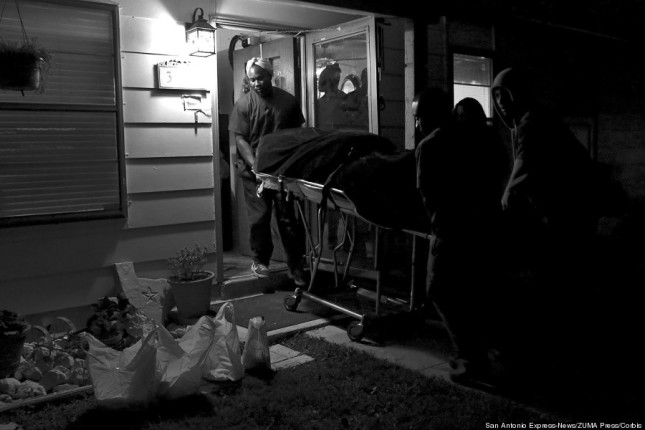 08 Dec 2014, San Antonio, Texas, USA --- Dec. 8, 2014 - San Antonio - Hector Garcia Jr.'s body is removed from his home Dec. 8 by contractors with the Bexar County Medical Examiner's office after he said he couldn't breathe and collapsed. (Credit Image: © San Antonio Express-News/ZUMA Wire) --- Image by © Lisa Krantz/San Antonio Express-News/ZUMA Press/Corbis